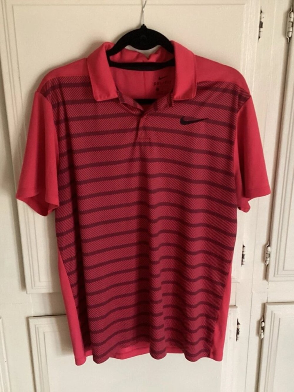 NIKE Polo Dri Fit Golf Red Black Striped Performance Shirt Men’s Large